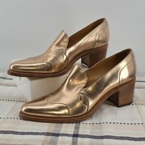 The Office of Angela Scott Miss Jane Rose Gold Leather Block Heel Loafers